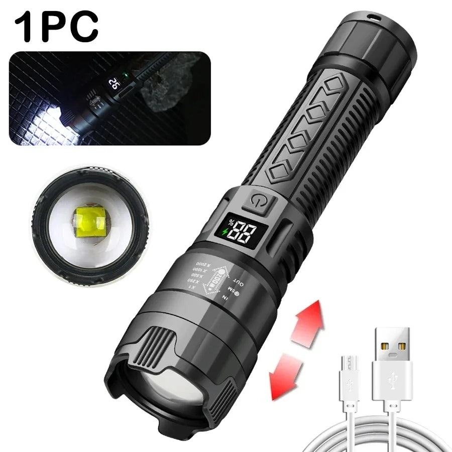 High Power 2000LM LED Flashlight Built-in Battery USB Rechargeable Strong Light Tactical Torch Outdoor Lantern