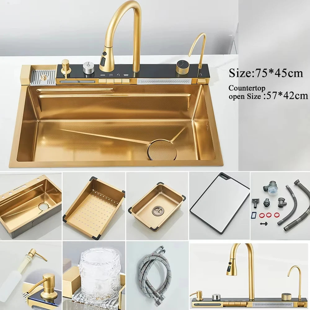 304 Stainless Steel Waterfall Kitchen Sink Integrated Digital Display Faucet