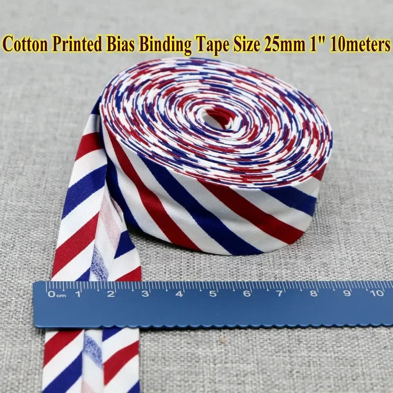 Cotton Bias Tape Ribbon Dots Grid Stripe Tartan Checked Scottish Printed 25mm 1" 10m Cotton Twill Fabric Fold