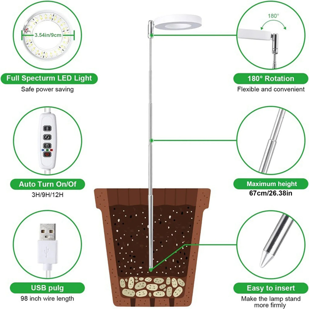 Full Spectrum LED Grow Light Indoor Adjustable, Timer, USB Powered