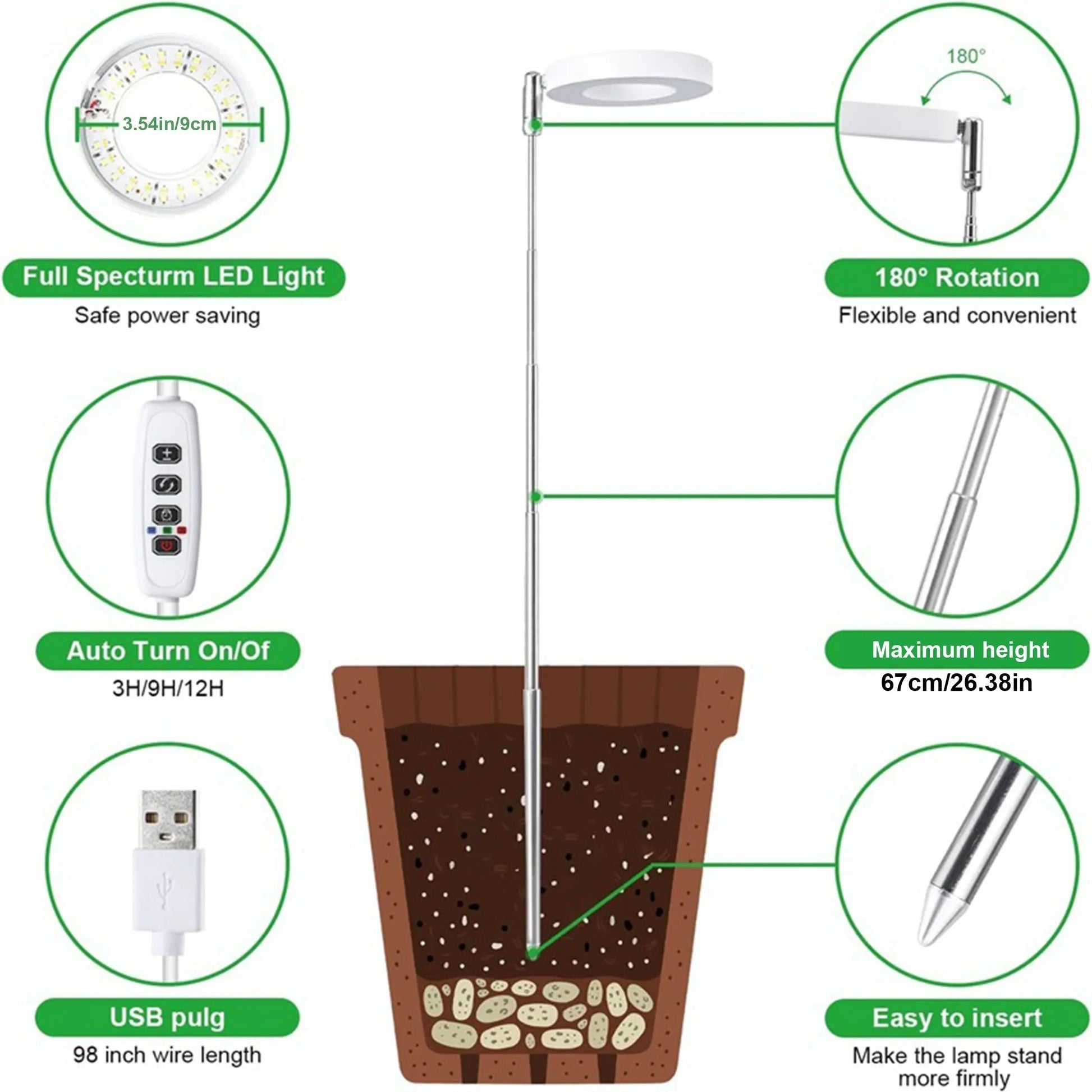 Full Spectrum LED Grow Light Indoor Adjustable, Timer, USB Powered