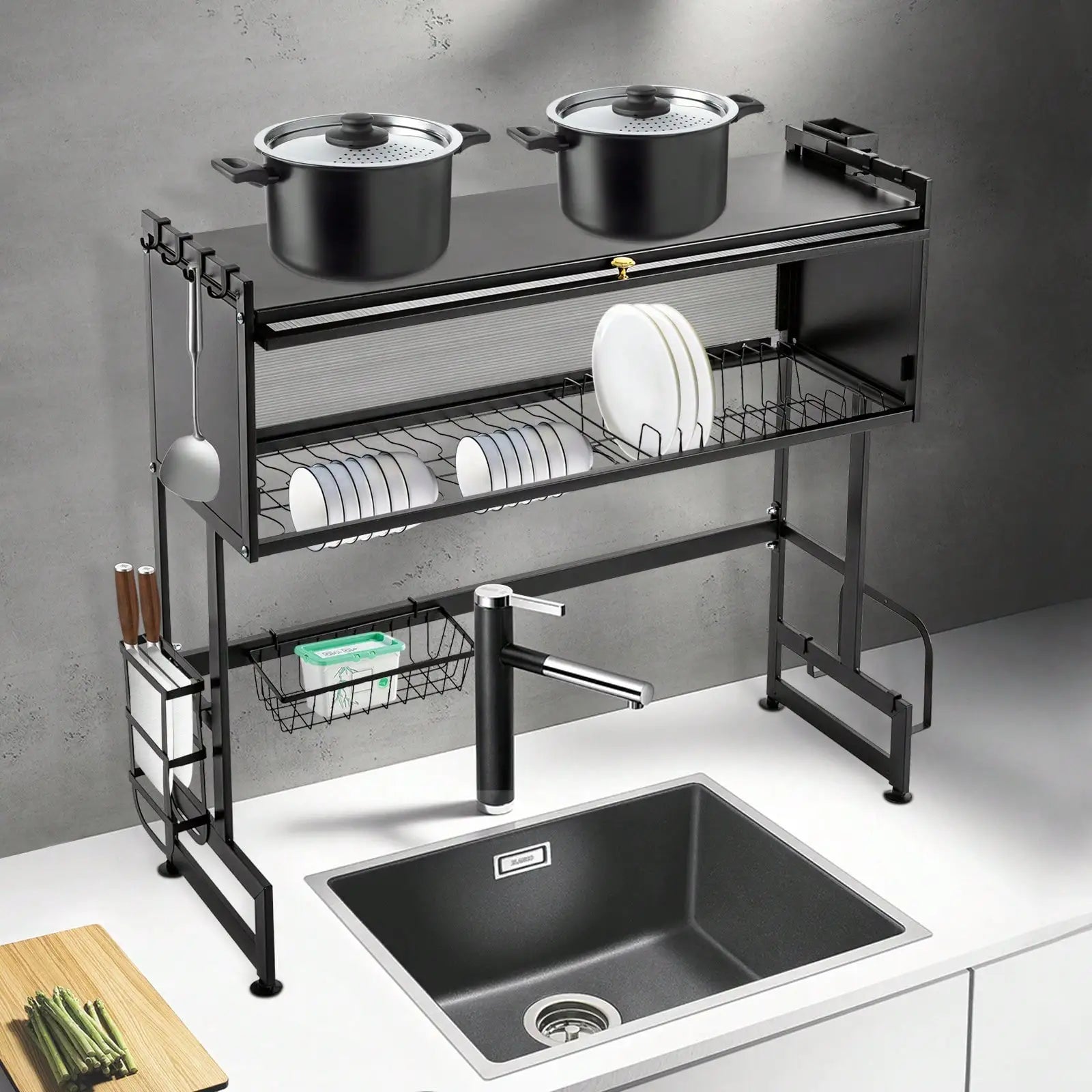 Large Capacity Organization 2-Tier Carbon Steel Kitchen Storage Dish Drainer Drying Rack Over The Sink
Over the Kitchen Sink Organizer or Dish Drainer 2-Tier