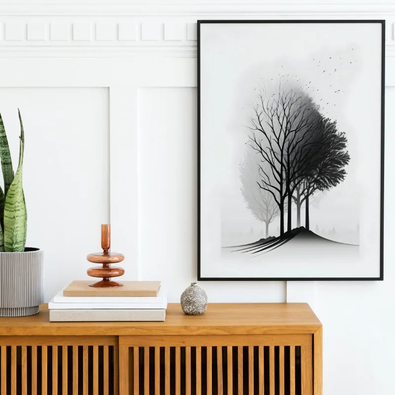 Black on White Minimalist Landscapes and Crow Wall Art