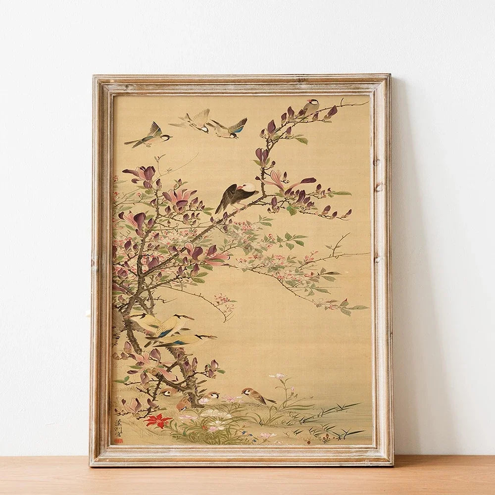 Vintage Bird Art Print Poster Antique Bird Sketch Wall Art Canvas Painting Vintage Country Bird Neutral Farmhouse Room Decor