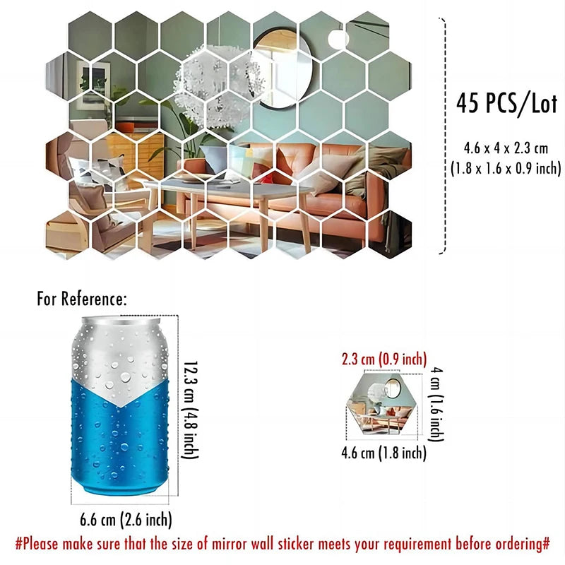 45 PCS Mirror Wall Stickers, Hexagon, Decorative