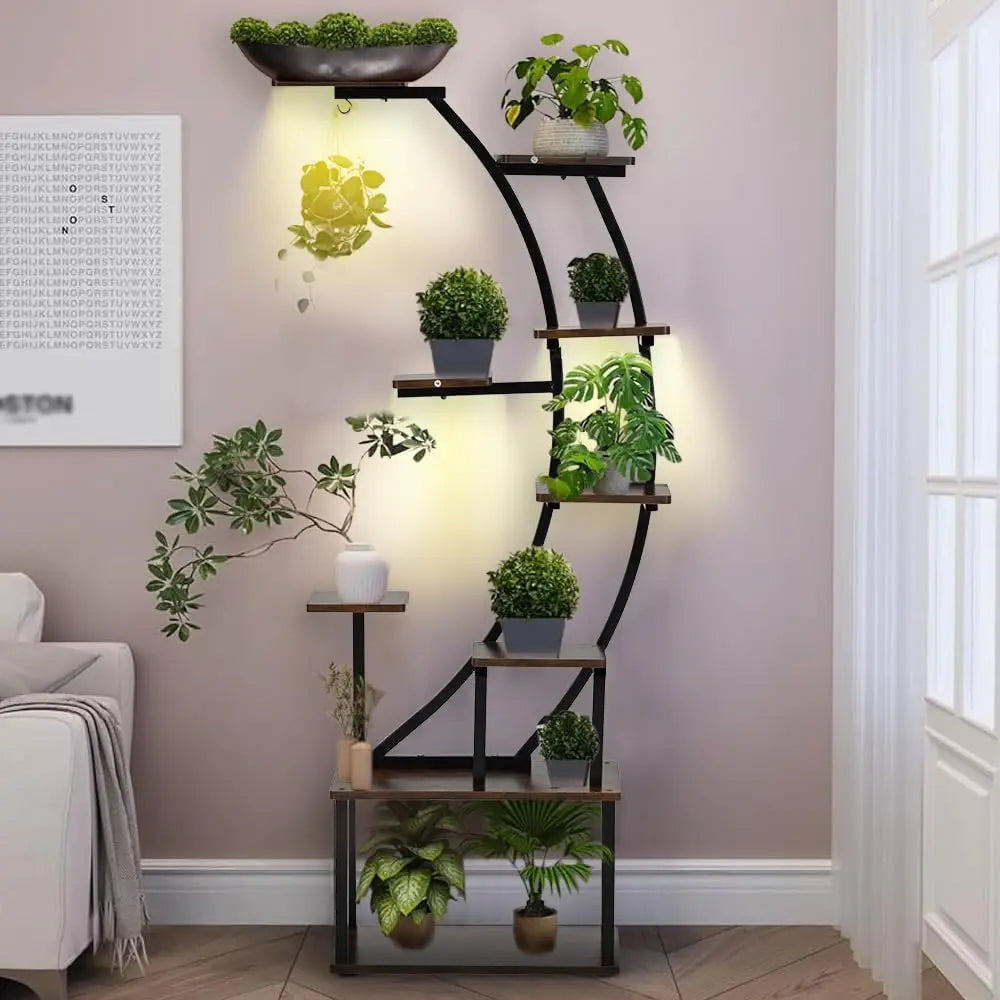 Black Plant Stand With Grow Light 9 Tiered