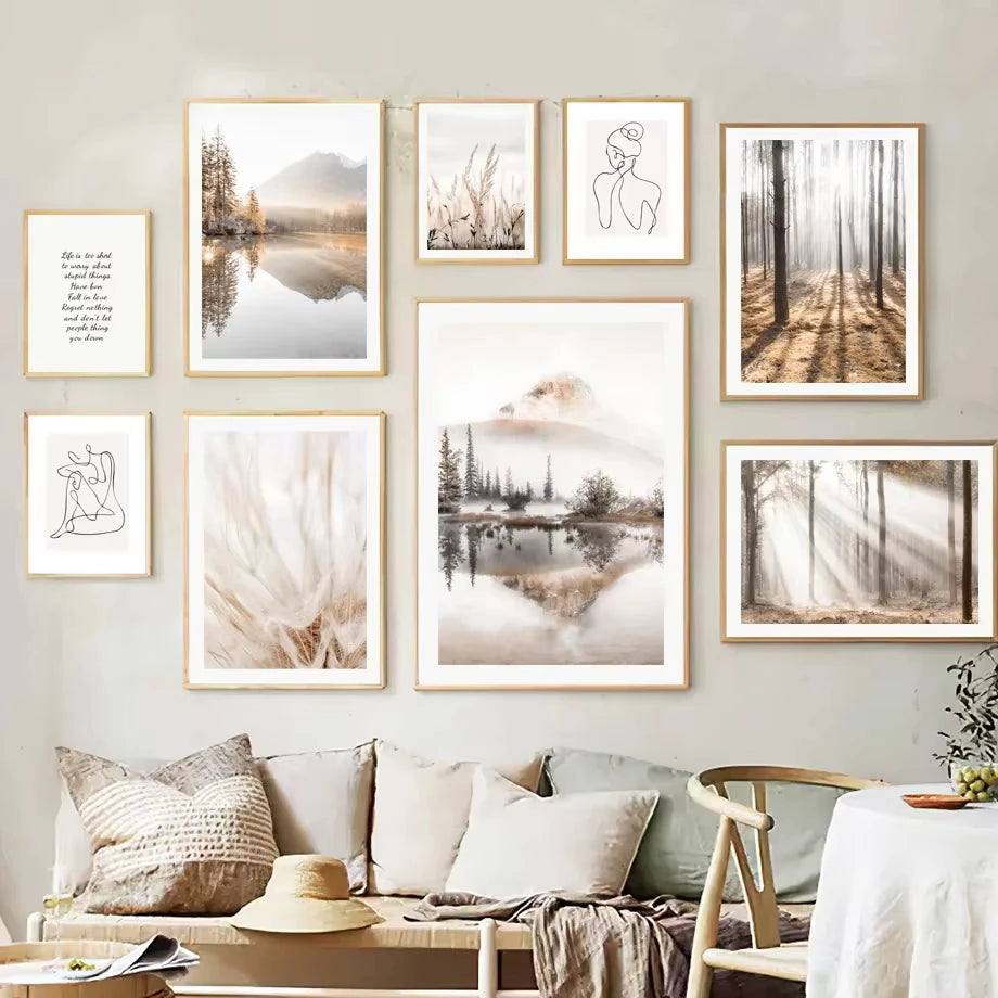 Beige Mountain Lake Forest Landscape Line QuotesWall Art Canvas Painting Nordic Posters and Prints Living Room Decoration Mur