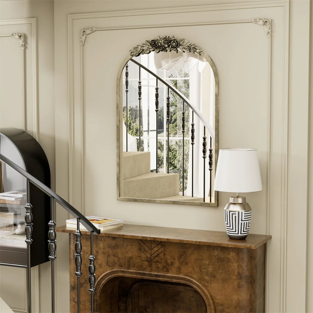 Arched Antique Brass Wall Mirror, Pretty on Mantel, Entryway