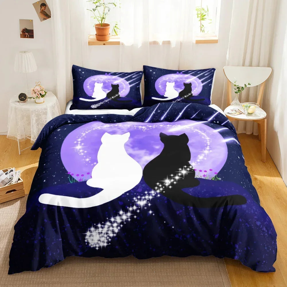 3PCS Single- Sided Printed Bedding Set, Cartoon Cat Duvet cover, Two Pillowcases