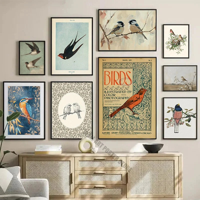 Vintage Bird Art Print Poster Antique Bird Sketch Wall Art Canvas Painting Vintage Country Bird Neutral Farmhouse Room Decor
