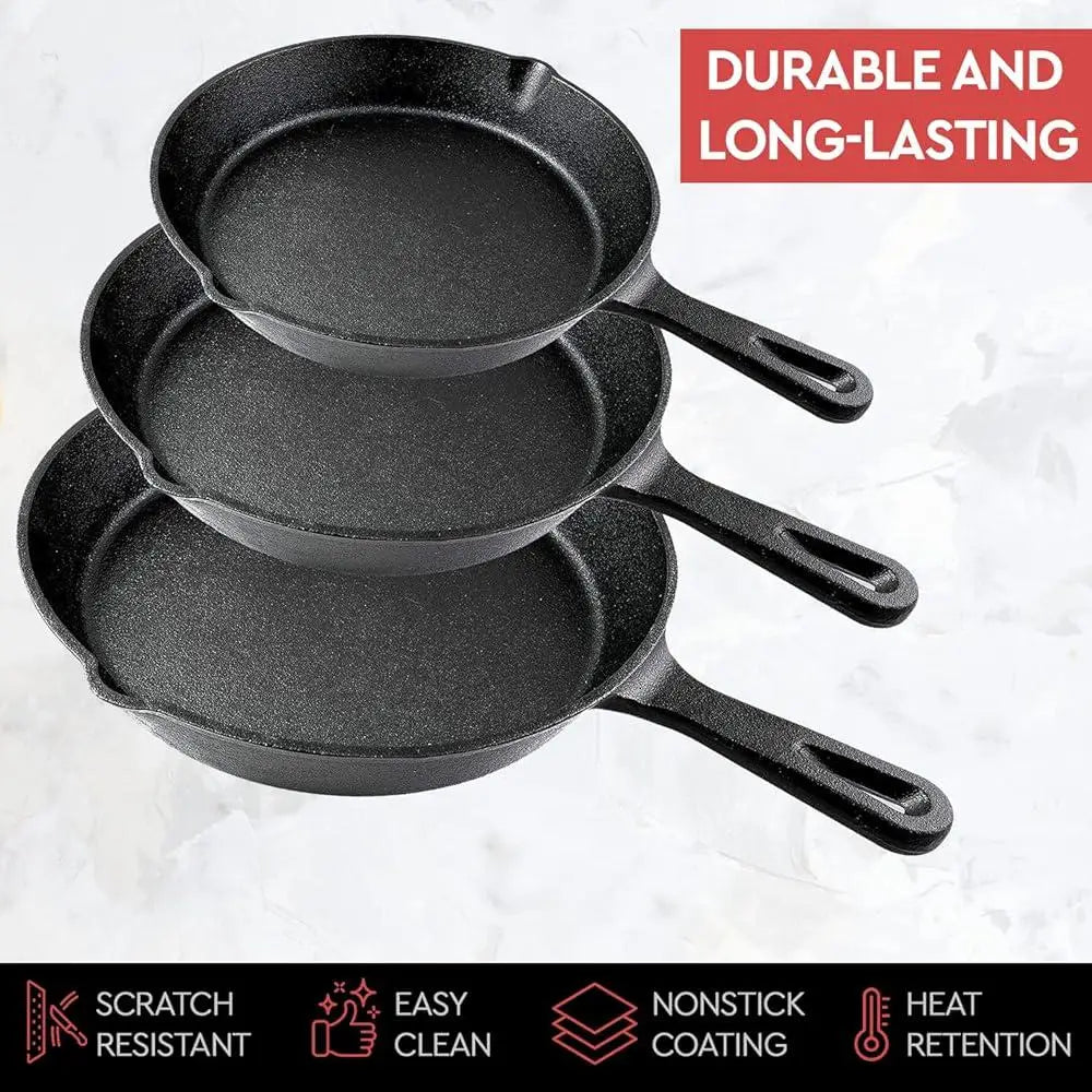 Heavy Duty Cast Iron Skillet Set 3 Piece, Pre-Seasoned
