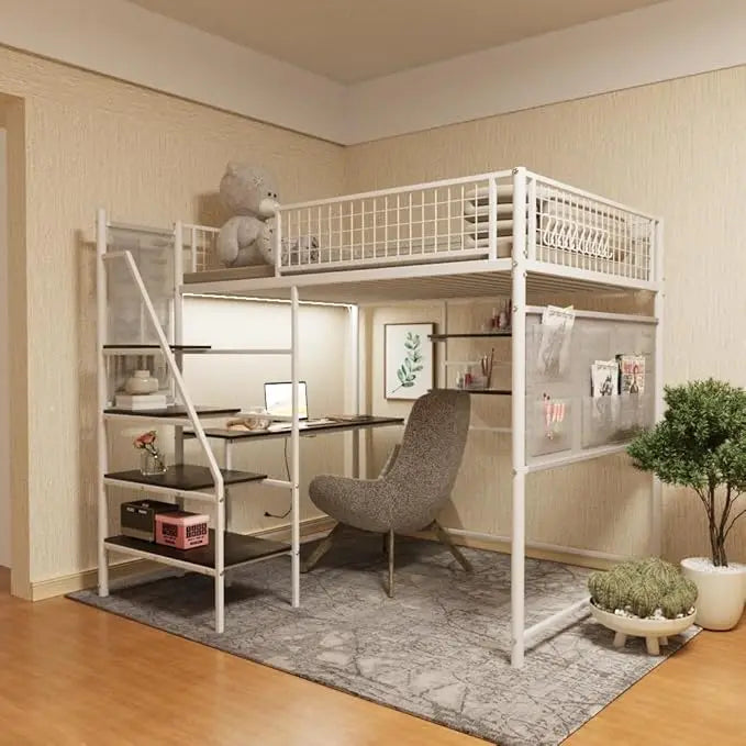 Metal Loft Bed Full Size, Metal frame, Staircase, Charging Station, LED lighting