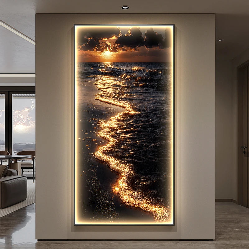 Modern LED Wall Hanging Painting Gold Sea Wave, Entrance, Living Room