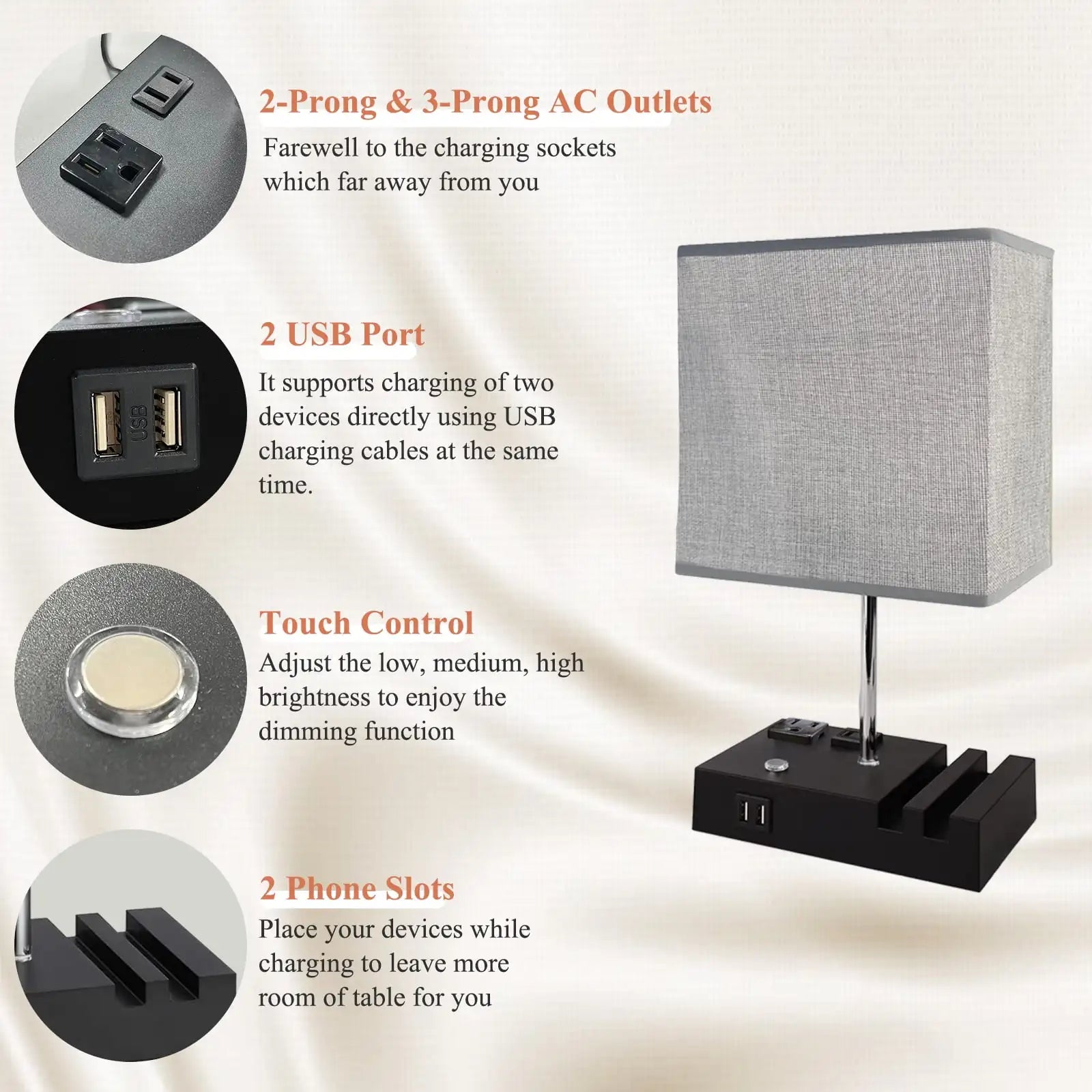 15.7" Bedside Lamp Dual Fast USB Charging Ports, Dimmable Lamp