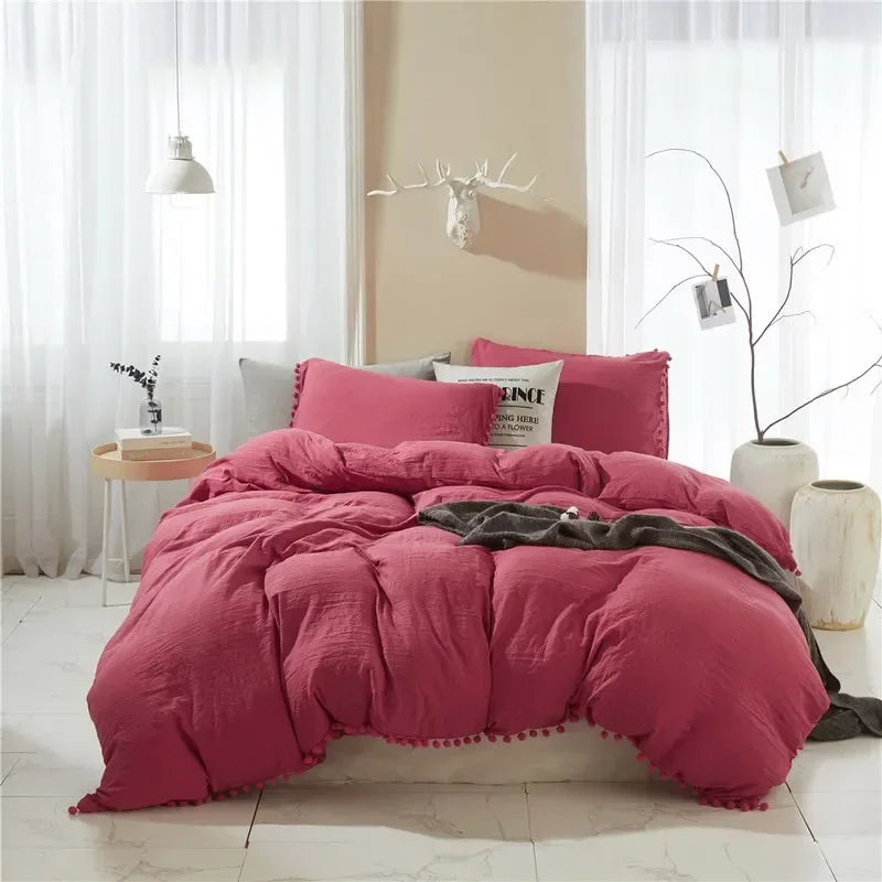 Solid Color Soft Washed Duvet Cover 3 Pieces Set Pillowcase Bedding Set for Twin Full Queen King Size Cute Pom-pom Decorative Edging