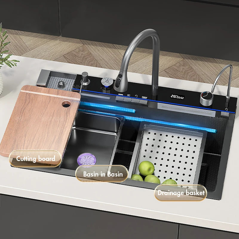 304 Stainless Steel Waterfall Kitchen Sink Integrated Digital Display Faucet