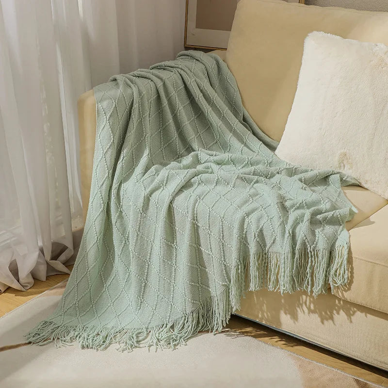 Khaki Knitted Throw/Blanket With Fringe Luxury Farmhouse