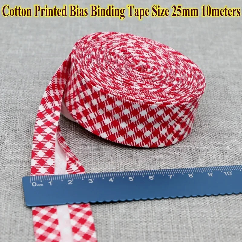 Cotton Bias Tape Ribbon Dots Grid Stripe Tartan Checked Scottish Printed 25mm 1" 10m Cotton Twill Fabric Fold