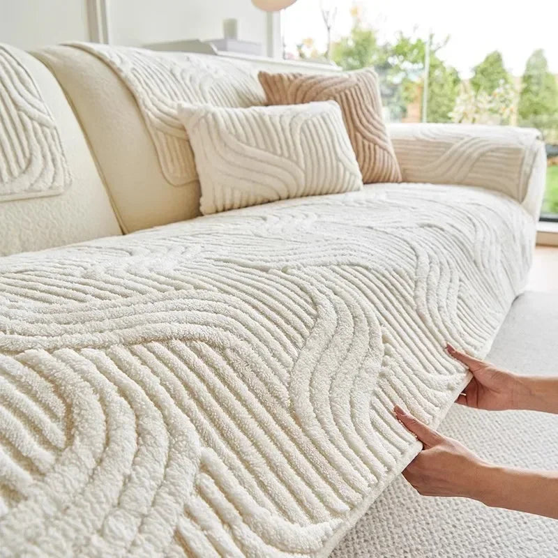 Wave Striped Sofa Cover, Solid Colors, Non-Slip Thicken Plush,