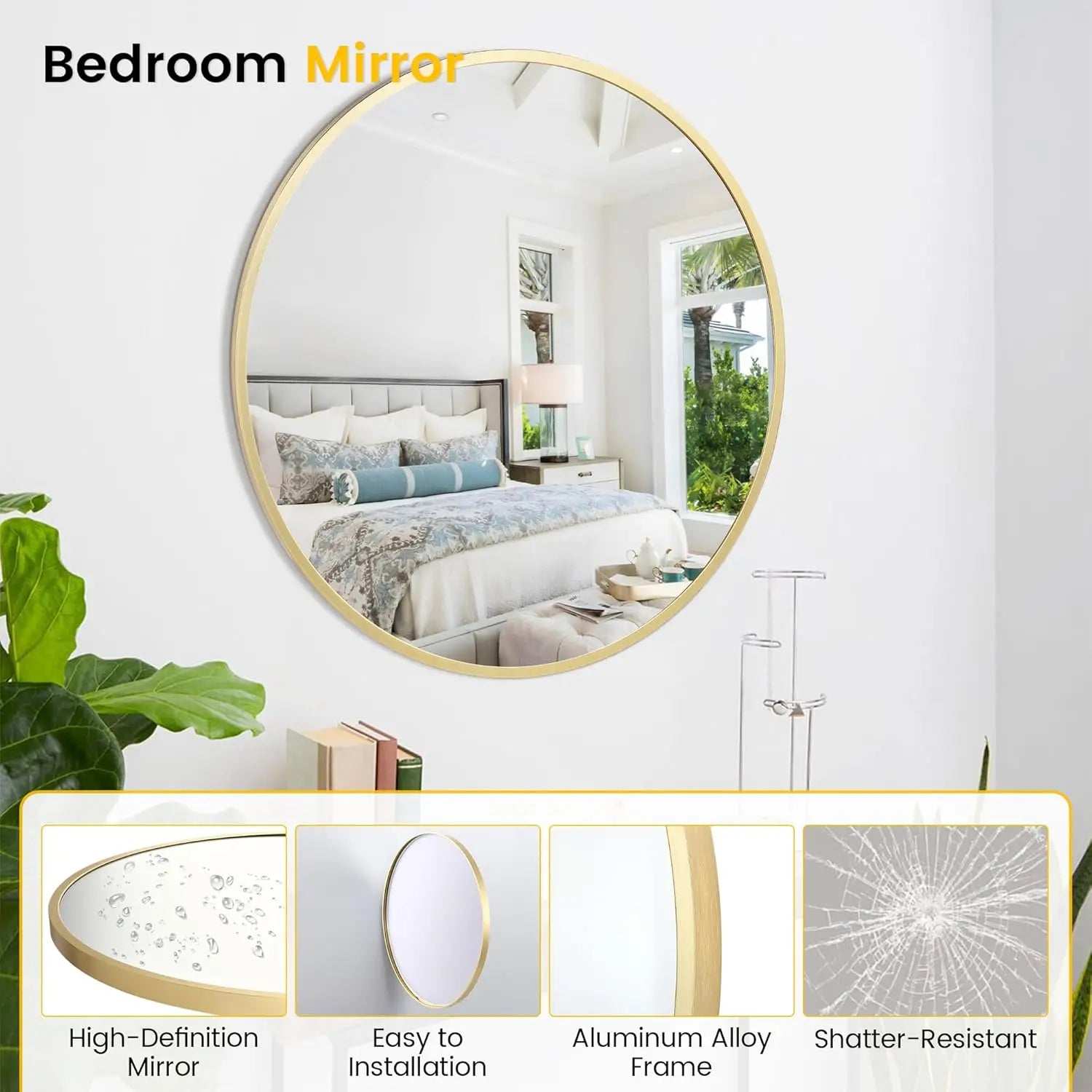 E-Thick Round Mirror Gold Aluminum Frame Wall Mounted