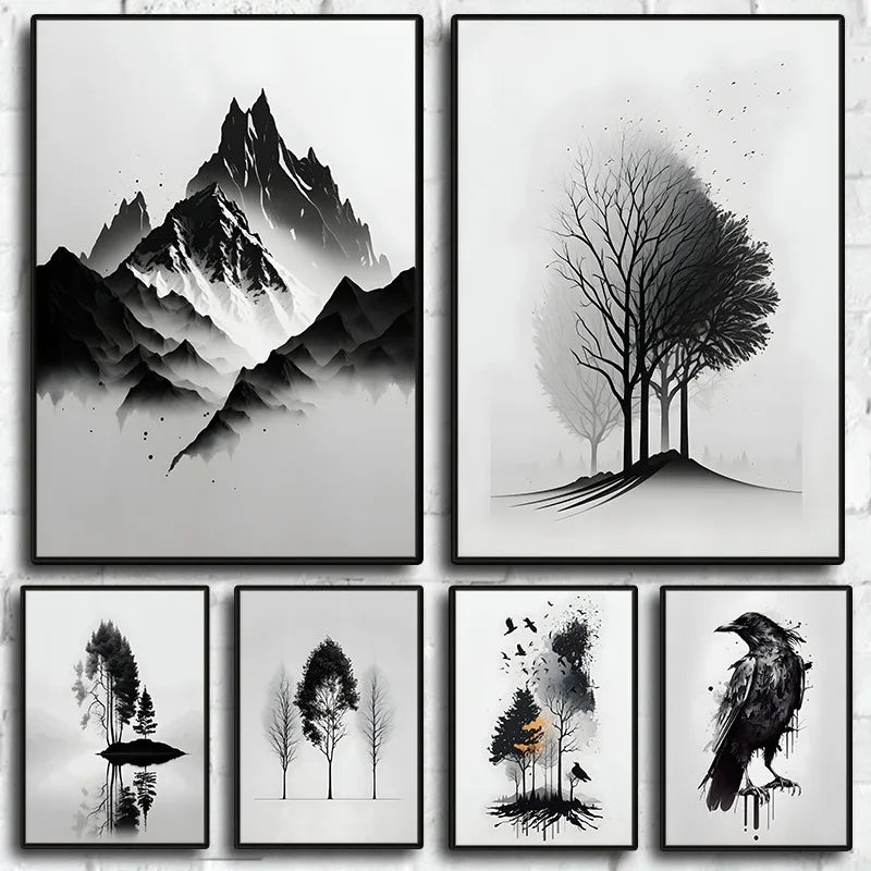 Black on White Minimalist Landscapes and Crow Wall Art