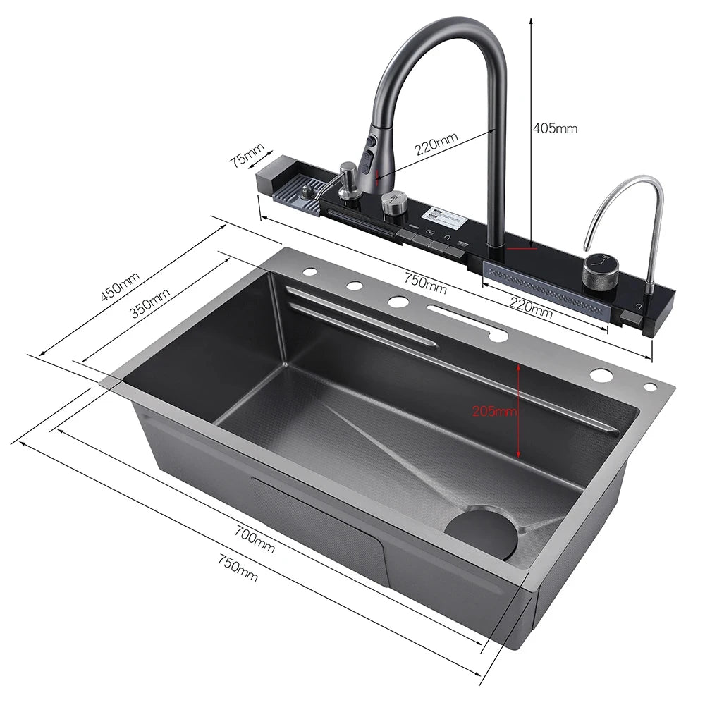 304 Stainless Steel Waterfall Kitchen Sink Integrated Digital Display Faucet