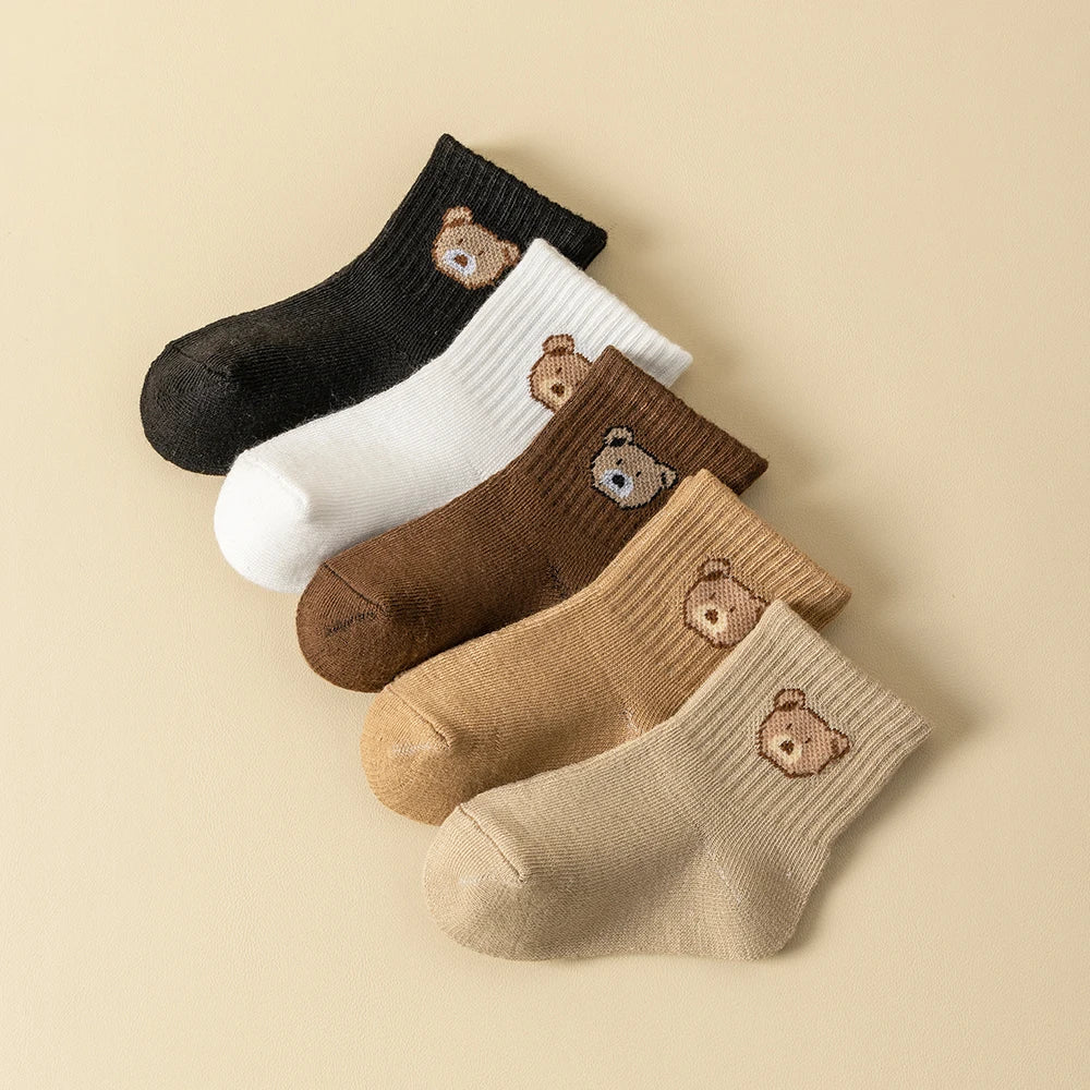 Cartoon Bear Pattern Toddler Baby Socks, 5 Pairs, Comfortable Breathable Footwear