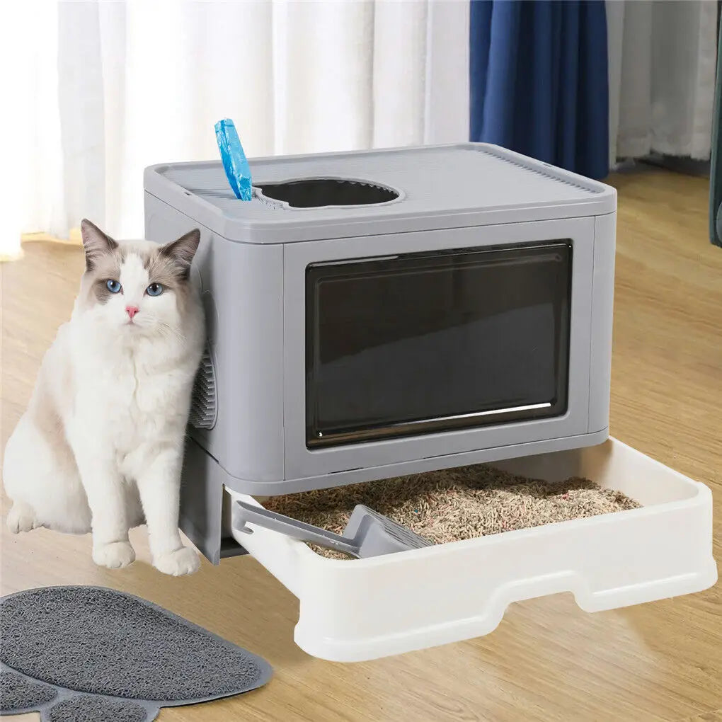 Litter Box, Top and Side Entry/Exit, Foldable Pull Out Litter Tray