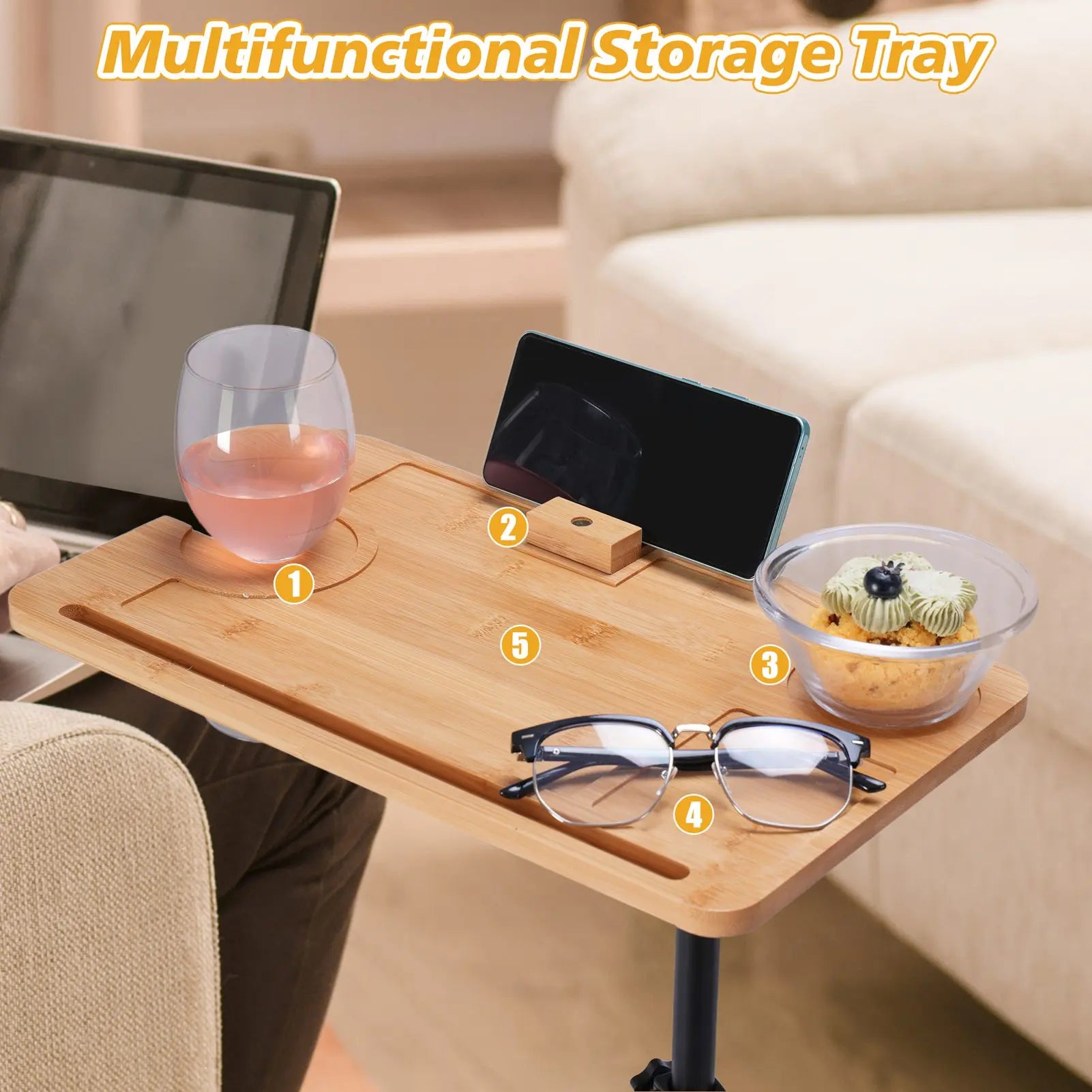 Adjustable Height Sofa Side Table, Multi-Purpose For Home Use, Durable