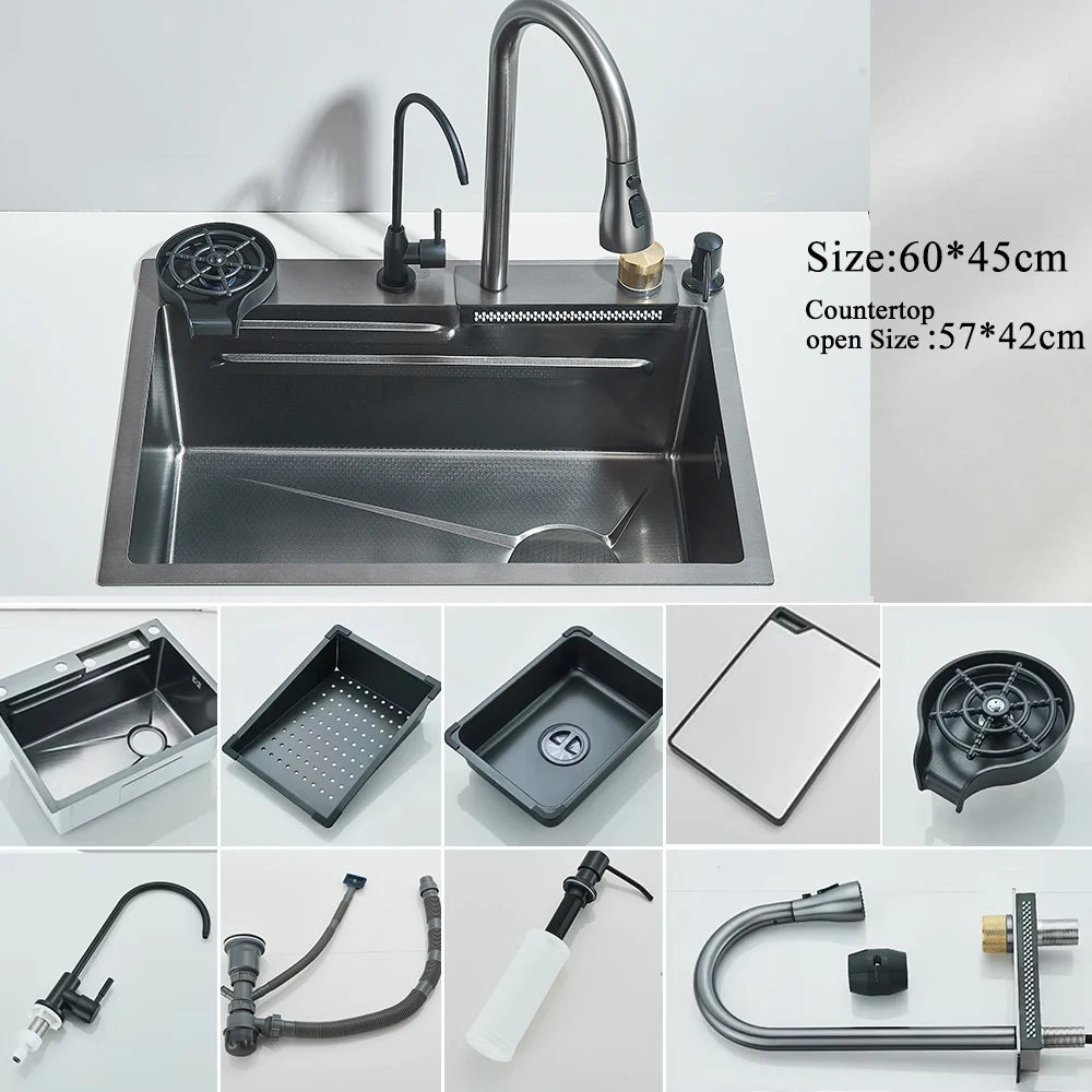 304 Stainless Steel Waterfall Kitchen Sink Integrated Digital Display Faucet