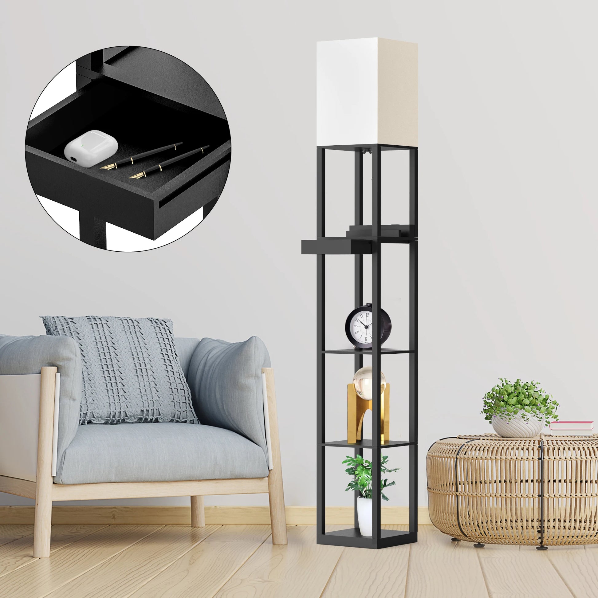 67" Column Floor Lamp With Shelves, Solid Wood, USB, Storage Drawer
