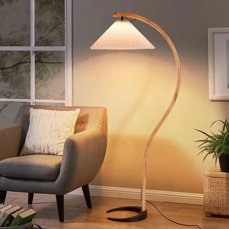 Room Decoration Floor Lamp Atmosphere Living Room High-End Feeling Bedroom Study Pleated Solid Wood Antique Standing Table Lamp