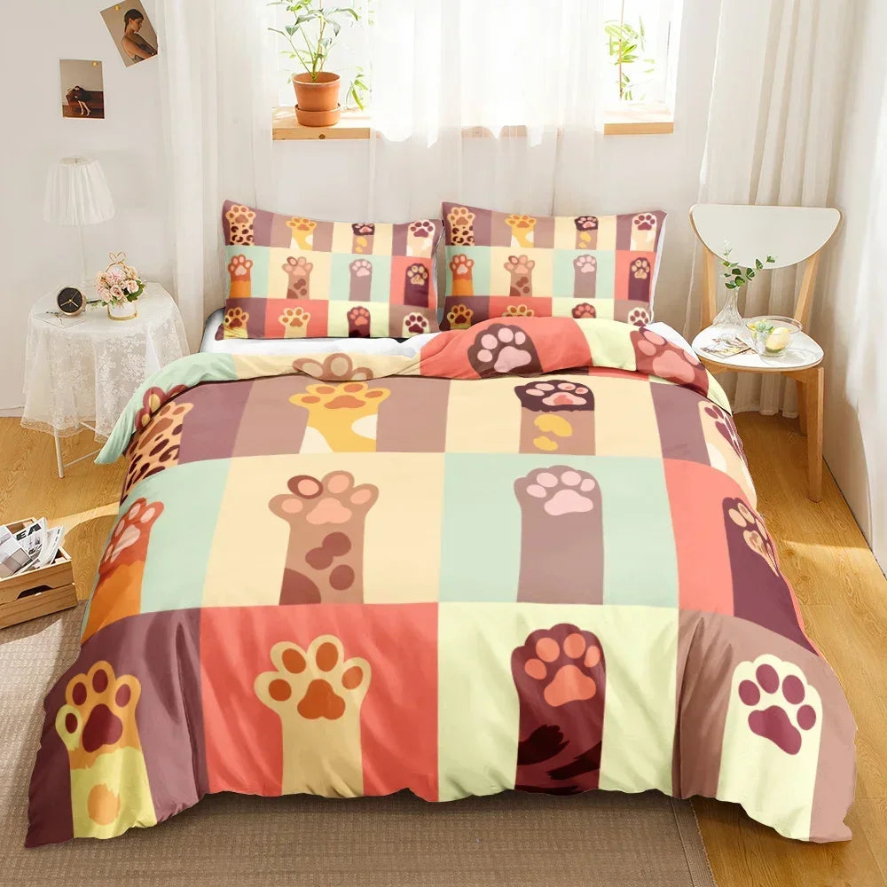 3PCS Single- Sided Printed Bedding Set, Cartoon Cat Duvet cover, Two Pillowcases