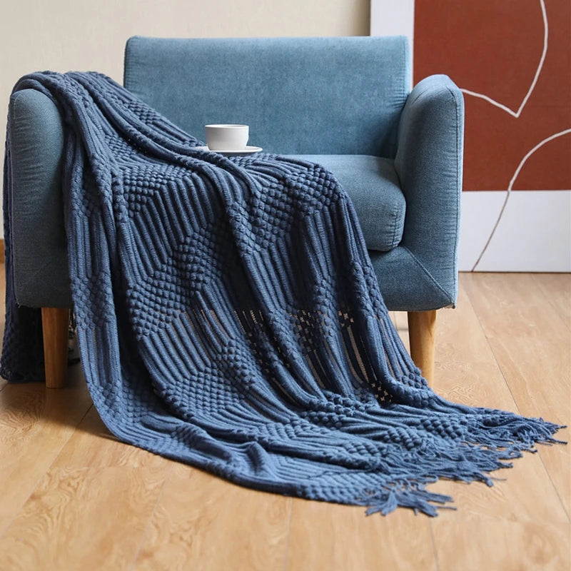 Khaki Knitted Throw/Blanket With Fringe Luxury Farmhouse