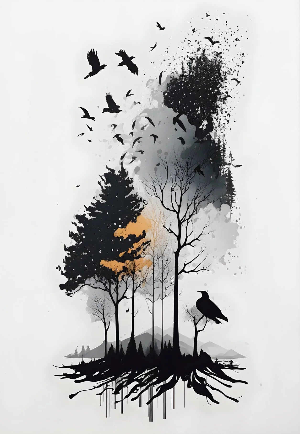 Black on White Minimalist Landscapes and Crow Wall Art