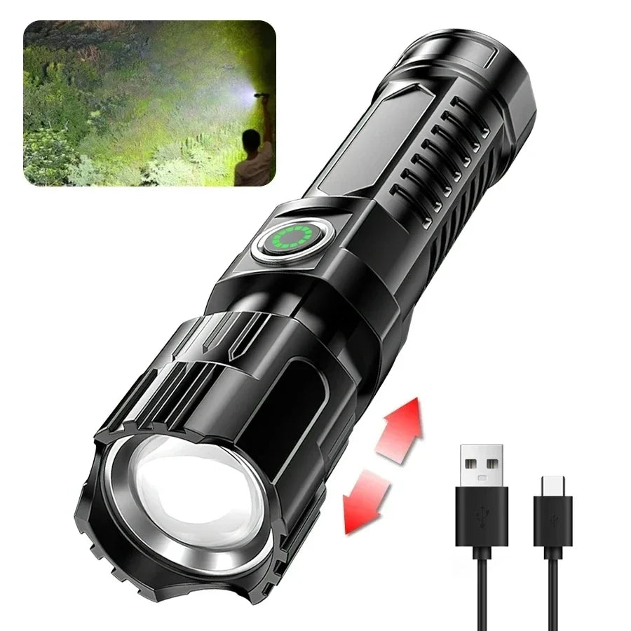 High Power 2000LM LED Flashlight Built-in Battery USB Rechargeable Strong Light Tactical Torch Outdoor Lantern