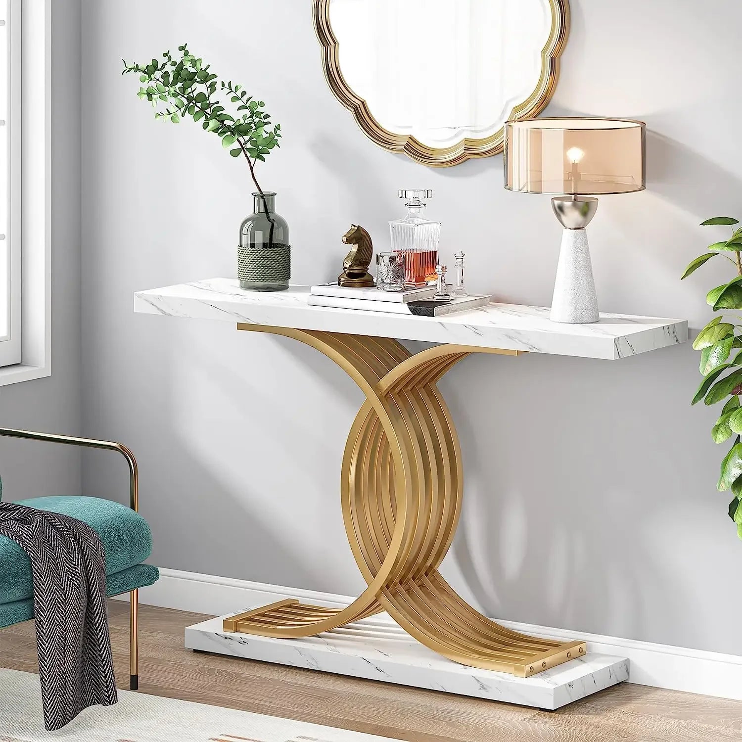 Tribesigns Entryway Table Faux Marble 39-Inch Console With Geometric Metal Legs
