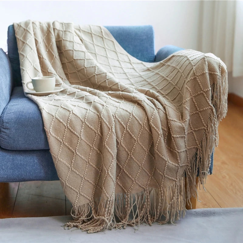 Khaki Knitted Throw/Blanket With Fringe Luxury Farmhouse