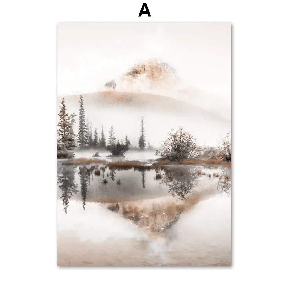 Beige Mountain Lake Forest Landscape Line QuotesWall Art Canvas Painting Nordic Posters and Prints Living Room Decoration Mur