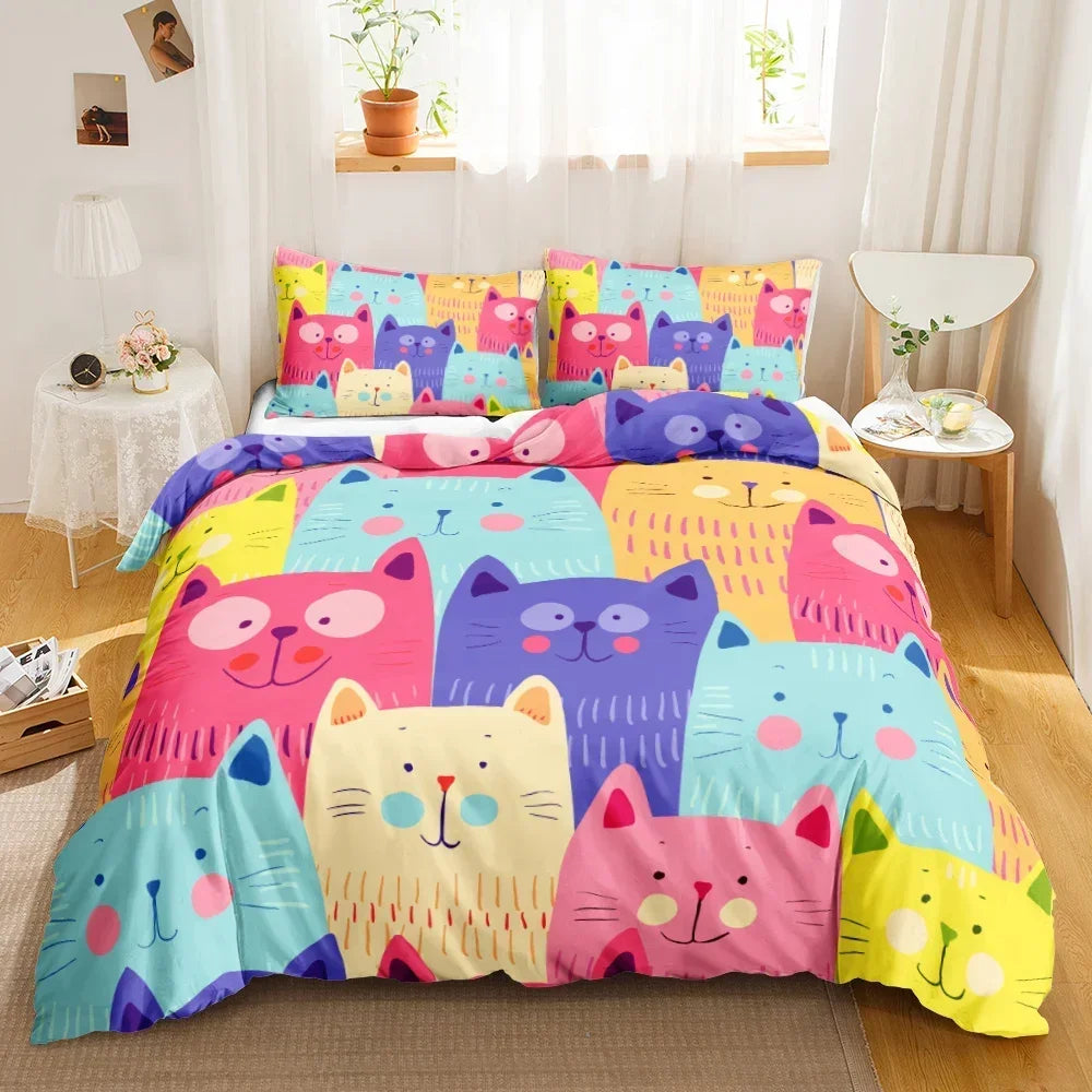 3PCS Single- Sided Printed Bedding Set, Cartoon Cat Duvet cover, Two Pillowcases