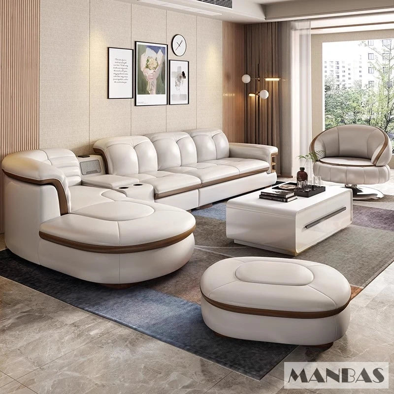 Luxury L-Shaped Genuine  Leather Sectional Sofa, USB, Bluetooth Speaker
