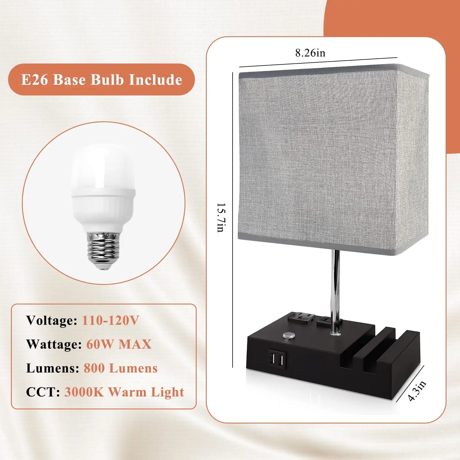 15.7" Bedside Lamp Dual Fast USB Charging Ports, Dimmable Lamp