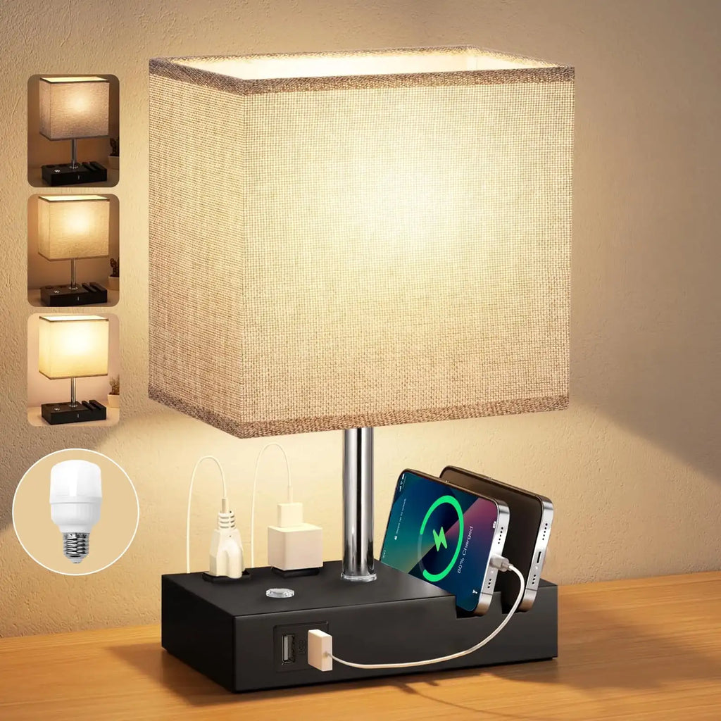 15.7" Bedside Lamp Dual Fast USB Charging Ports, Dimmable Lamp