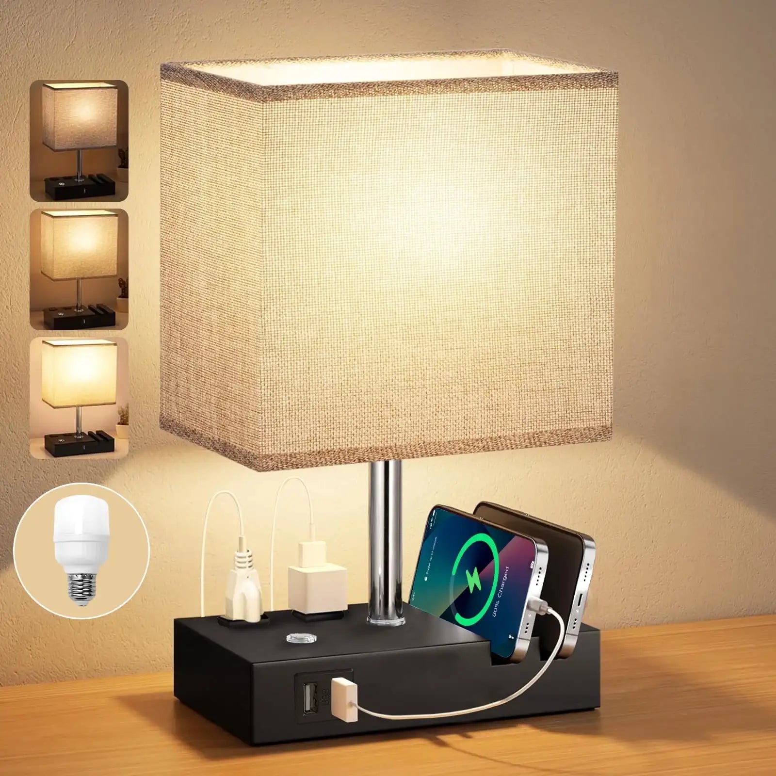 15.7" Bedside Lamp Dual Fast USB Charging Ports, Dimmable Lamp
