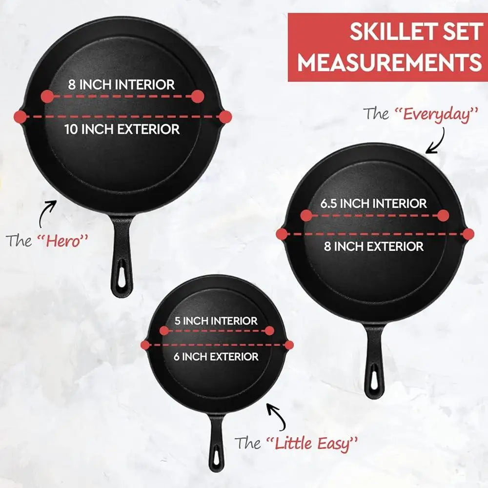 Heavy Duty Cast Iron Skillet Set 3 Piece, Pre-Seasoned