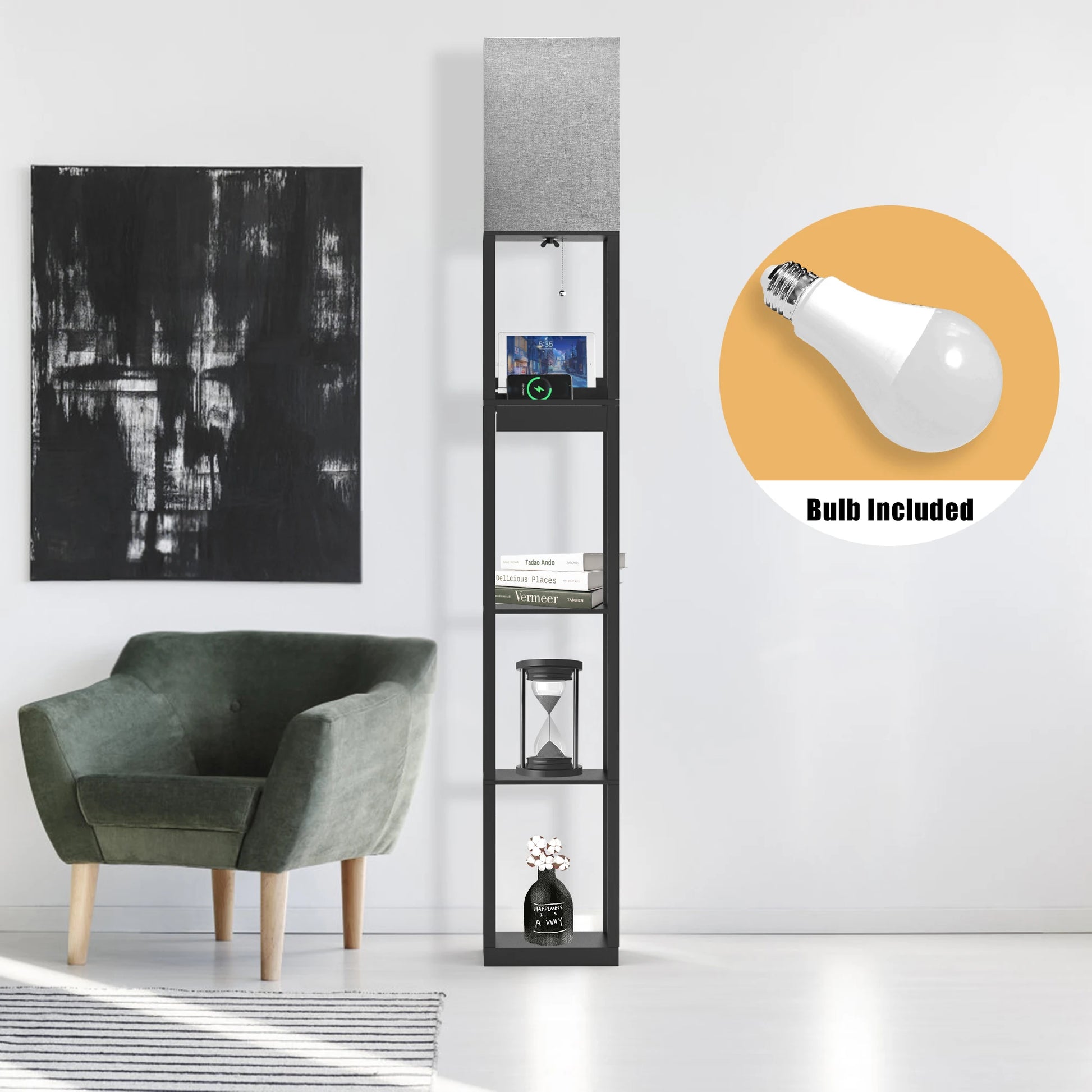 67" Column Floor Lamp With Shelves, Solid Wood, USB, Storage Drawer