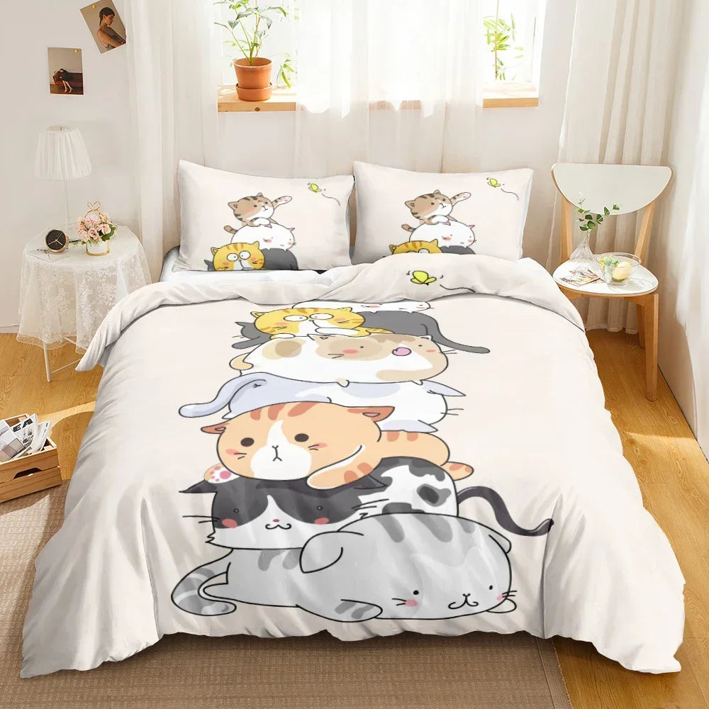 3PCS Single- Sided Printed Bedding Set, Cartoon Cat Duvet cover, Two Pillowcases