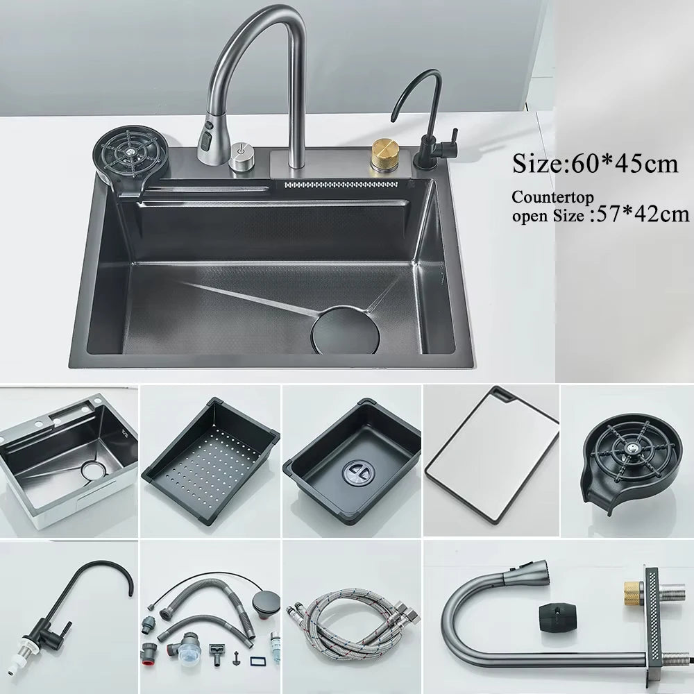 304 Stainless Steel Waterfall Kitchen Sink Integrated Digital Display Faucet