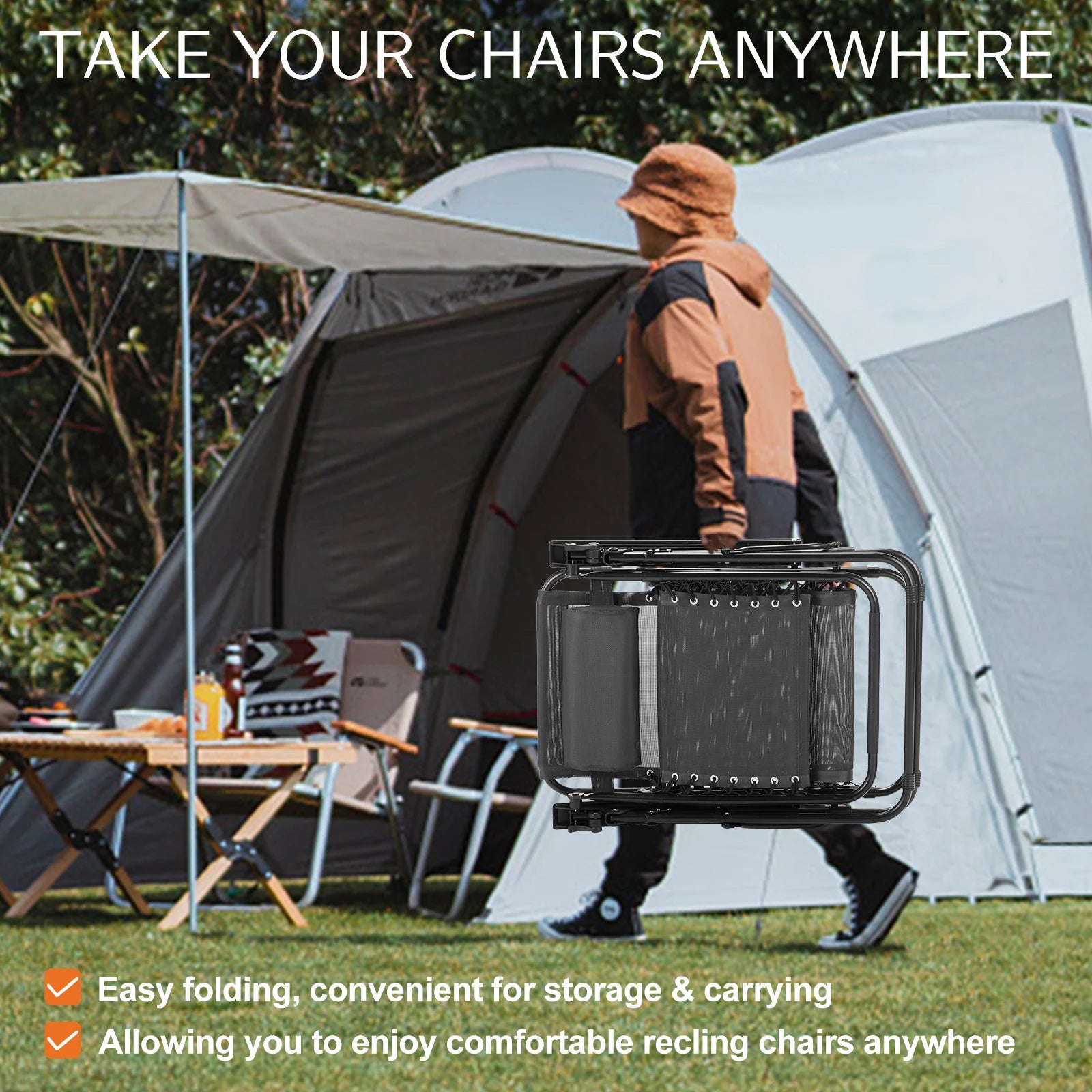 JKH Zero Gravity Set 2 Chairs Cup Holder Trays Adjustable Pillow