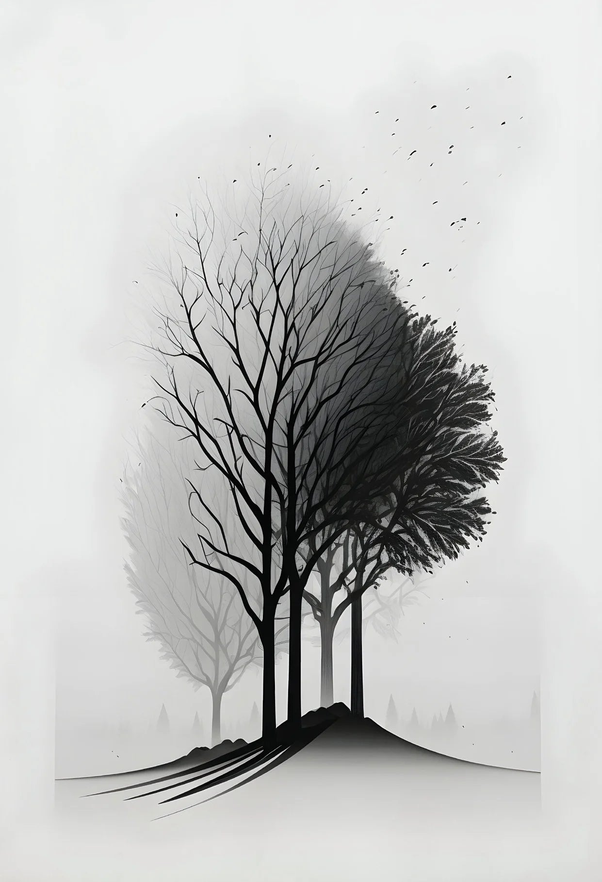 Black on White Minimalist Landscapes and Crow Wall Art